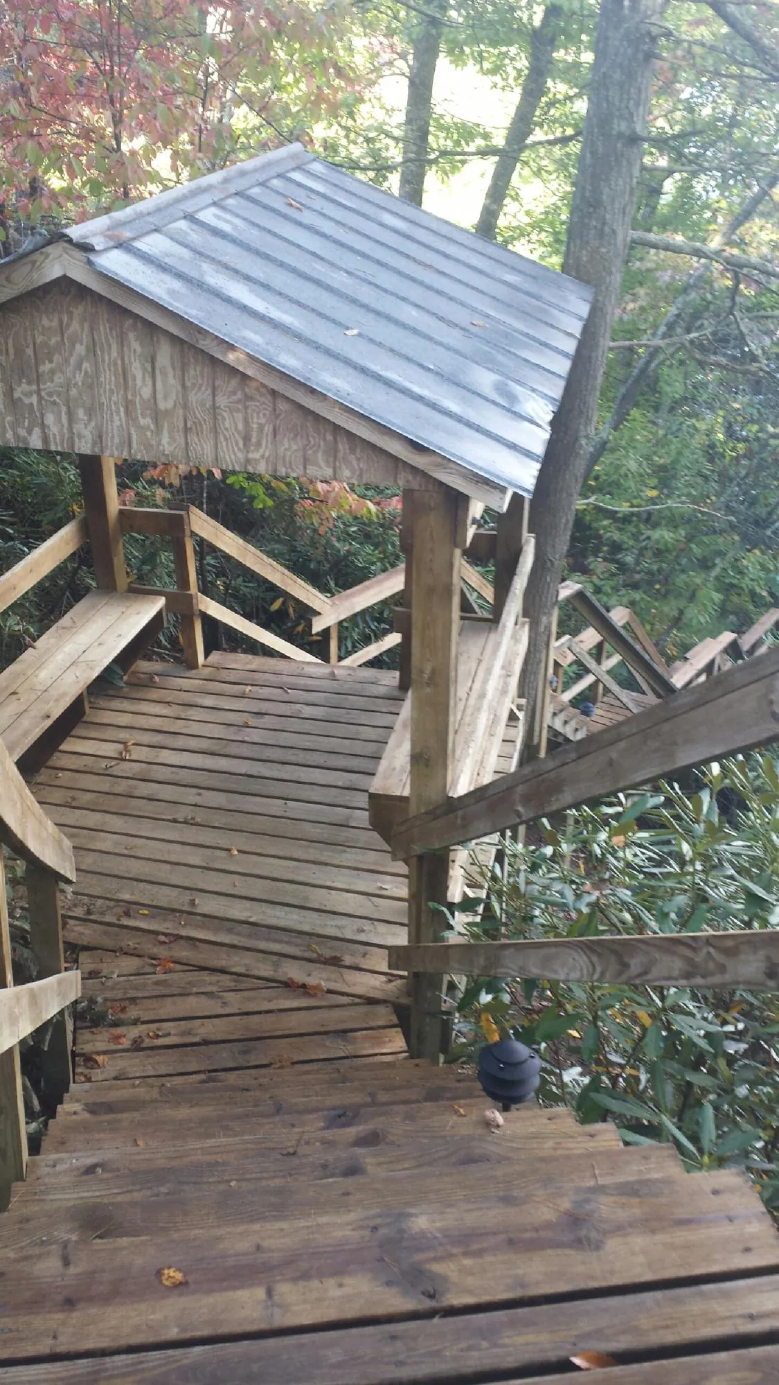 Metal roofed shelter over wooden steps on a wooded walkway — Skylight Repair & Installation work by our crew in Halsey